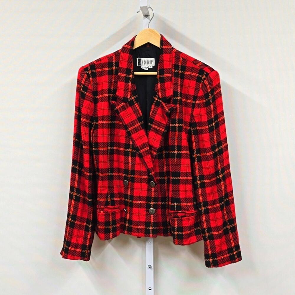 SK & Company Vintage Red‎ Plaid Tartan Blazer Jacket Size 12 Made in Ireland